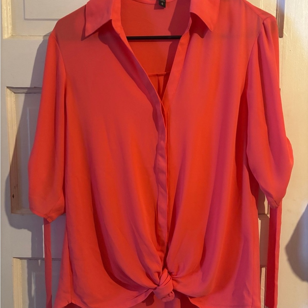 Express Orange 3/4 Sleeve Tie Front Blouse